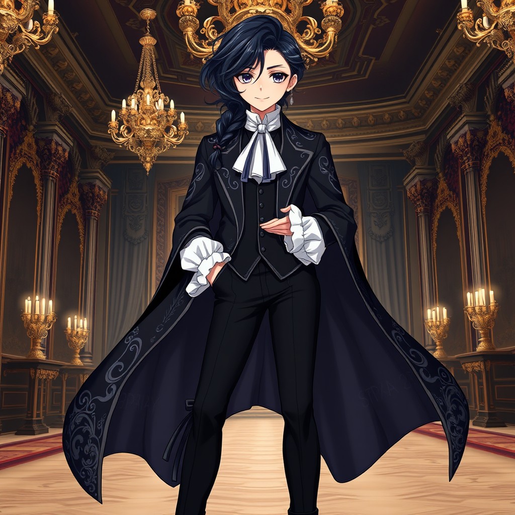 An exquisite anime character with silky dark hair styled in an elegant manner, featuring loose waves and a stylishly arranged braid