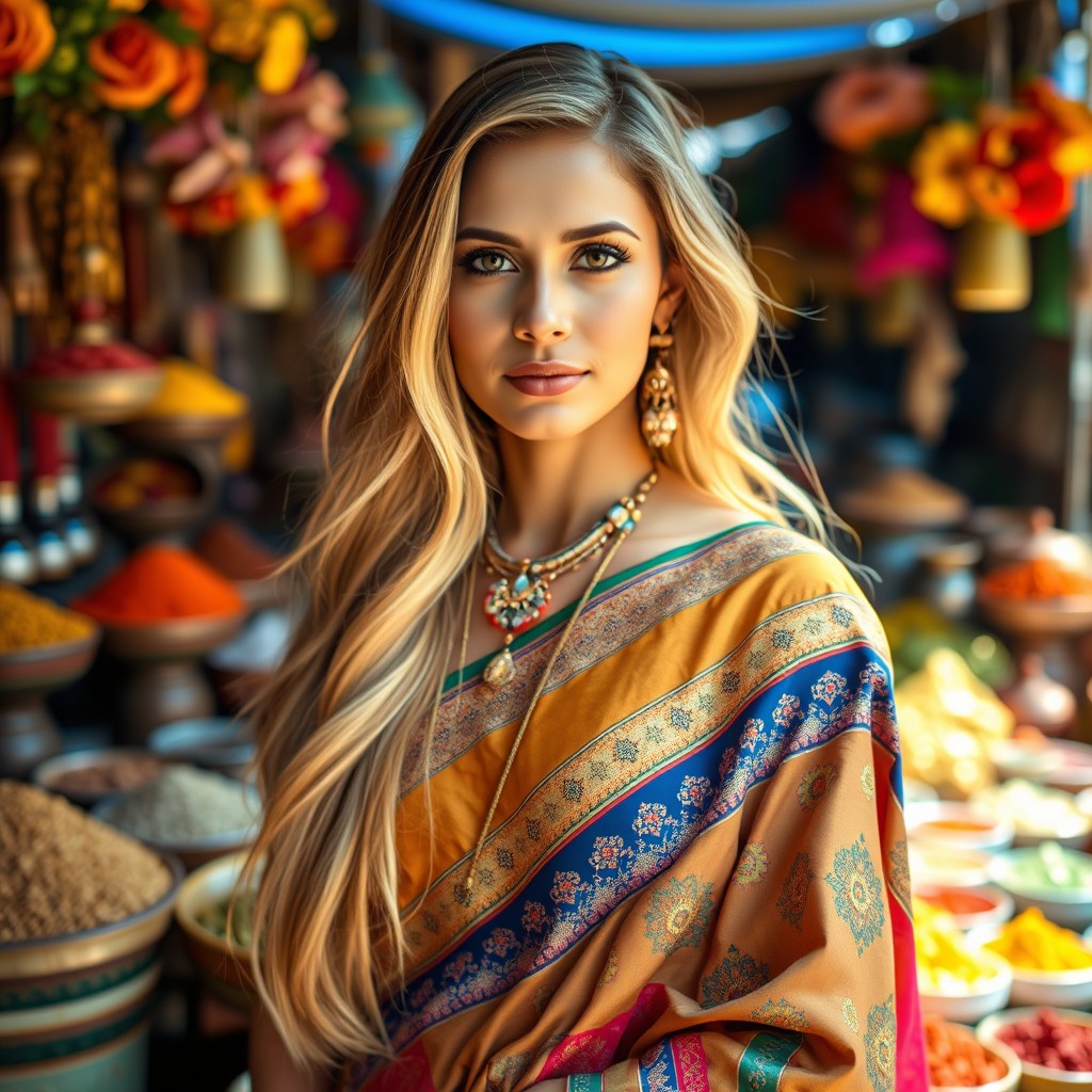 A striking portrait of a beautiful Indian woman with long, flowing blonde hair, dressed in a colorful traditional saree with intricate patterns and embellishments