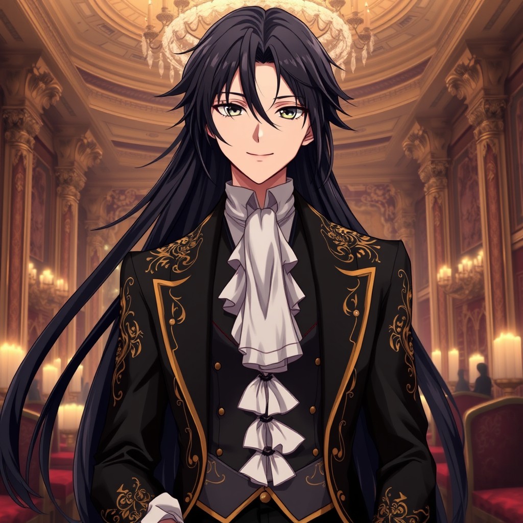 A striking anime character with long, flowing dark hair cascading elegantly down their back, with a few loose strands framing their sharp features