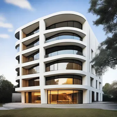 The modernist building outshines the surrounding structures with its sleek design and elegant aesthetics.