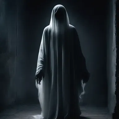 The eerie ghostly figure emerged from the shadows, its eyes glowing with an intensity that outshined the darkness around it.