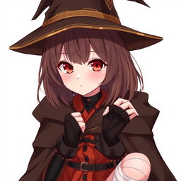 An anime girl with shoulder-length brunette hair and uniquely languid crimson-colored eyes that draw you in with their depth and mystery