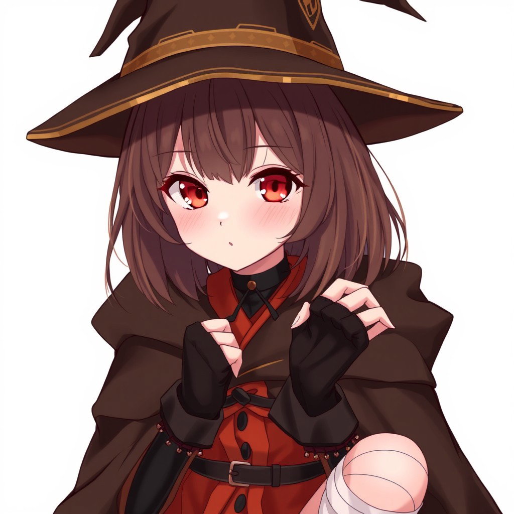 An anime girl with shoulder-length brunette hair and uniquely languid crimson-colored eyes that draw you in with their depth and mystery