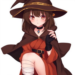 An anime girl with shoulder-length brunette hair and uniquely languid crimson-colored eyes that draw you in with their depth and mystery