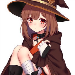 An anime girl with shoulder-length brunette hair and uniquely languid crimson-colored eyes that draw you in with their depth and mystery