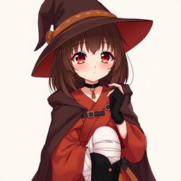 An anime girl with shoulder-length brunette hair and uniquely languid crimson-colored eyes that draw you in with their depth and mystery