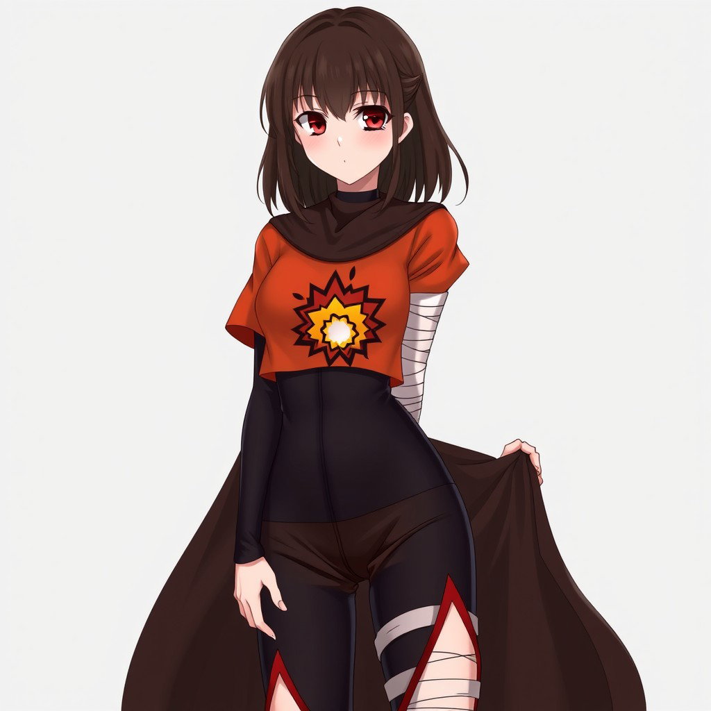 An anime girl with shoulder-length brunette hair and uniquely languid crimson-colored eyes that capture intrigue