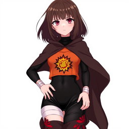 An anime girl with shoulder-length brunette hair and uniquely languid crimson-colored eyes that capture intrigue