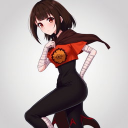 An anime girl with shoulder-length brunette hair and uniquely languid crimson-colored eyes that capture intrigue