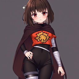 An anime girl with shoulder-length brunette hair and uniquely languid crimson-colored eyes that capture intrigue