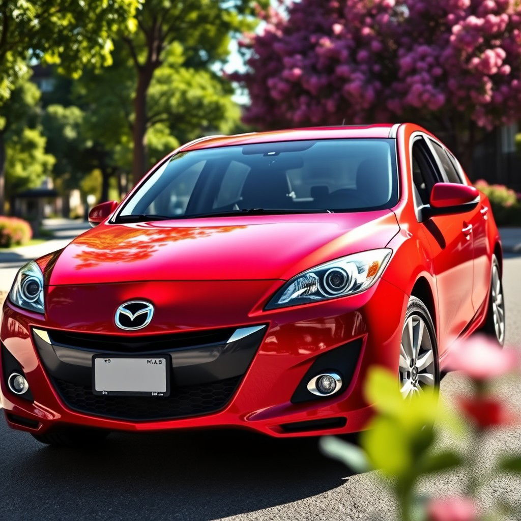 a sleek and sporty 2008 Mazda 3 parked on a picturesque street, showcasing its dynamic design with a glossy red finish, stylish front grille, and sharp headlights, surrounded by lush green trees and blooming flowers, sunlight reflecting off its surface, capturing the spirit of a summer day, the scene radiates freshness and vibrancy