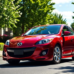 a sleek and sporty 2008 Mazda 3 parked on a picturesque street, showcasing its dynamic design with a glossy red finish, stylish front grille, and sharp headlights, surrounded by lush green trees and blooming flowers, sunlight reflecting off its surface, capturing the spirit of a summer day, the scene radiates freshness and vibrancy