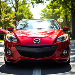 a sleek and sporty 2008 Mazda 3 parked on a picturesque street, showcasing its dynamic design with a glossy red finish, stylish front grille, and sharp headlights, surrounded by lush green trees and blooming flowers, sunlight reflecting off its surface, capturing the spirit of a summer day, the scene radiates freshness and vibrancy