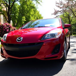 a sleek and sporty 2008 Mazda 3 parked on a picturesque street, showcasing its dynamic design with a glossy red finish, stylish front grille, and sharp headlights, surrounded by lush green trees and blooming flowers, sunlight reflecting off its surface, capturing the spirit of a summer day, the scene radiates freshness and vibrancy