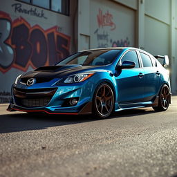 a modified first generation 2008 Mazda 3 sedan with a sporty and aggressive appearance, featuring a custom body kit, aftermarket alloy wheels, and a lowered suspension giving it a sleek stance, the car is painted in a bright metallic blue with contrasting black accents, showcasing a unique front grille and enhanced LED headlights, parked in an urban setting with graffiti art on the walls, the sun shining to highlight its modifications and giving off a vibrant and energetic atmosphere