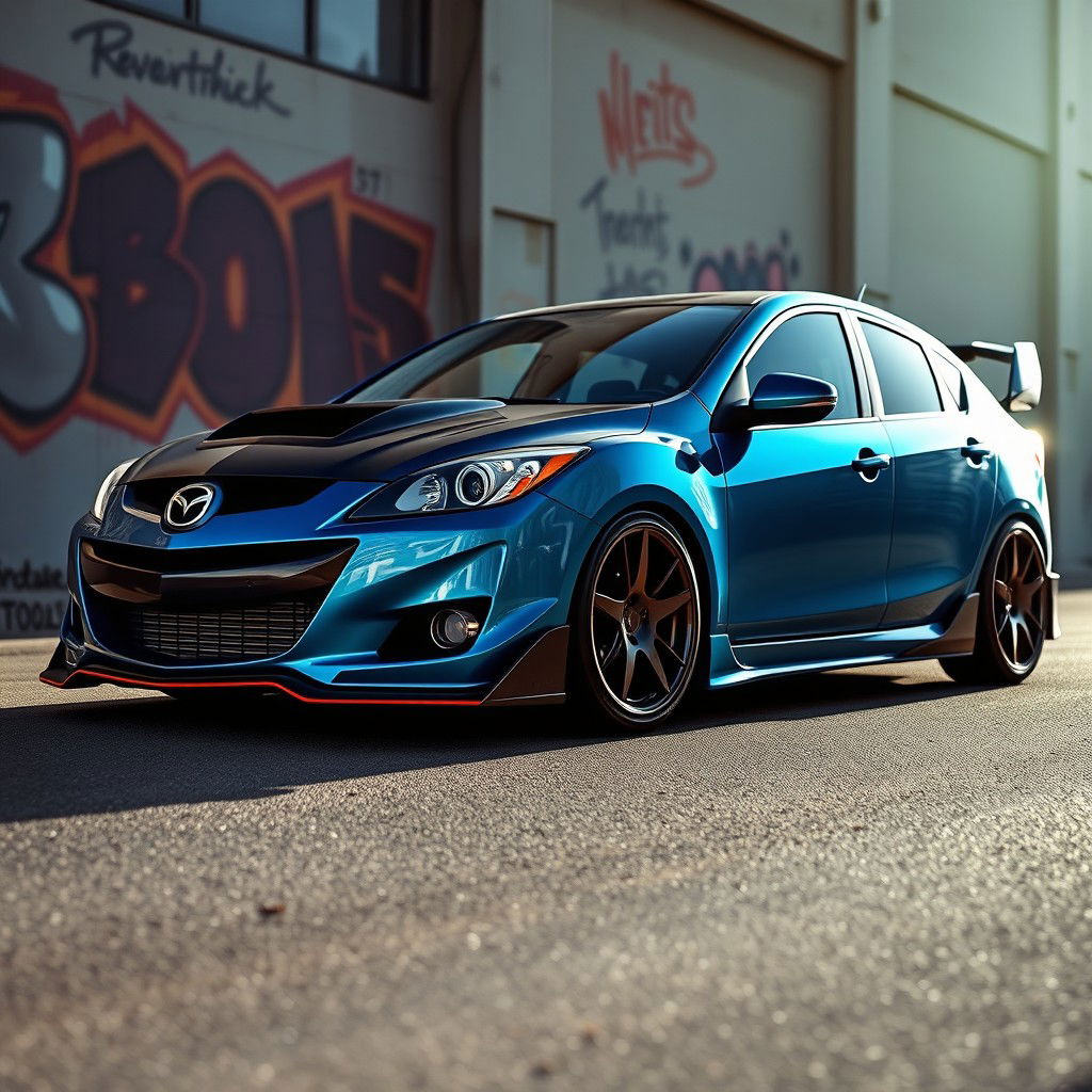a modified first generation 2008 Mazda 3 sedan with a sporty and aggressive appearance, featuring a custom body kit, aftermarket alloy wheels, and a lowered suspension giving it a sleek stance, the car is painted in a bright metallic blue with contrasting black accents, showcasing a unique front grille and enhanced LED headlights, parked in an urban setting with graffiti art on the walls, the sun shining to highlight its modifications and giving off a vibrant and energetic atmosphere