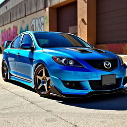 a modified first generation 2008 Mazda 3 sedan with a sporty and aggressive appearance, featuring a custom body kit, aftermarket alloy wheels, and a lowered suspension giving it a sleek stance, the car is painted in a bright metallic blue with contrasting black accents, showcasing a unique front grille and enhanced LED headlights, parked in an urban setting with graffiti art on the walls, the sun shining to highlight its modifications and giving off a vibrant and energetic atmosphere