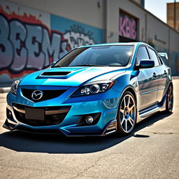 a modified first generation 2008 Mazda 3 sedan with a sporty and aggressive appearance, featuring a custom body kit, aftermarket alloy wheels, and a lowered suspension giving it a sleek stance, the car is painted in a bright metallic blue with contrasting black accents, showcasing a unique front grille and enhanced LED headlights, parked in an urban setting with graffiti art on the walls, the sun shining to highlight its modifications and giving off a vibrant and energetic atmosphere