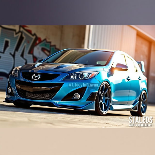 a modified first generation 2008 Mazda 3 sedan with a sporty and aggressive appearance, featuring a custom body kit, aftermarket alloy wheels, and a lowered suspension giving it a sleek stance, the car is painted in a bright metallic blue with contrasting black accents, showcasing a unique front grille and enhanced LED headlights, parked in an urban setting with graffiti art on the walls, the sun shining to highlight its modifications and giving off a vibrant and energetic atmosphere