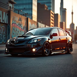 a modified first generation 2008 Mazda 3 sedan in a sleek black color, featuring an aggressive body kit that enhances its sporty looks, aftermarket alloy wheels, and a lowered suspension for a more dynamic stance, equipped with bold LED headlights and a custom front grille, set against a modern urban backdrop with city skyscrapers and street art, the scene captures the essence of urban car culture, bathed in warm sunset light for added drama