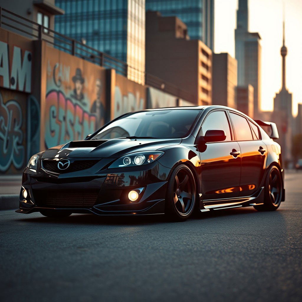 a modified first generation 2008 Mazda 3 sedan in a sleek black color, featuring an aggressive body kit that enhances its sporty looks, aftermarket alloy wheels, and a lowered suspension for a more dynamic stance, equipped with bold LED headlights and a custom front grille, set against a modern urban backdrop with city skyscrapers and street art, the scene captures the essence of urban car culture, bathed in warm sunset light for added drama
