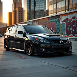 a modified first generation 2008 Mazda 3 sedan in a sleek black color, featuring an aggressive body kit that enhances its sporty looks, aftermarket alloy wheels, and a lowered suspension for a more dynamic stance, equipped with bold LED headlights and a custom front grille, set against a modern urban backdrop with city skyscrapers and street art, the scene captures the essence of urban car culture, bathed in warm sunset light for added drama