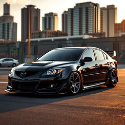 a modified first generation 2008 Mazda 3 sedan in a sleek black color, featuring an aggressive body kit that enhances its sporty looks, aftermarket alloy wheels, and a lowered suspension for a more dynamic stance, equipped with bold LED headlights and a custom front grille, set against a modern urban backdrop with city skyscrapers and street art, the scene captures the essence of urban car culture, bathed in warm sunset light for added drama