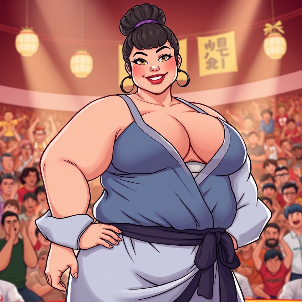 A vibrant illustration of a confident, curvy sumo wrestler lady, showcasing her strength and determination