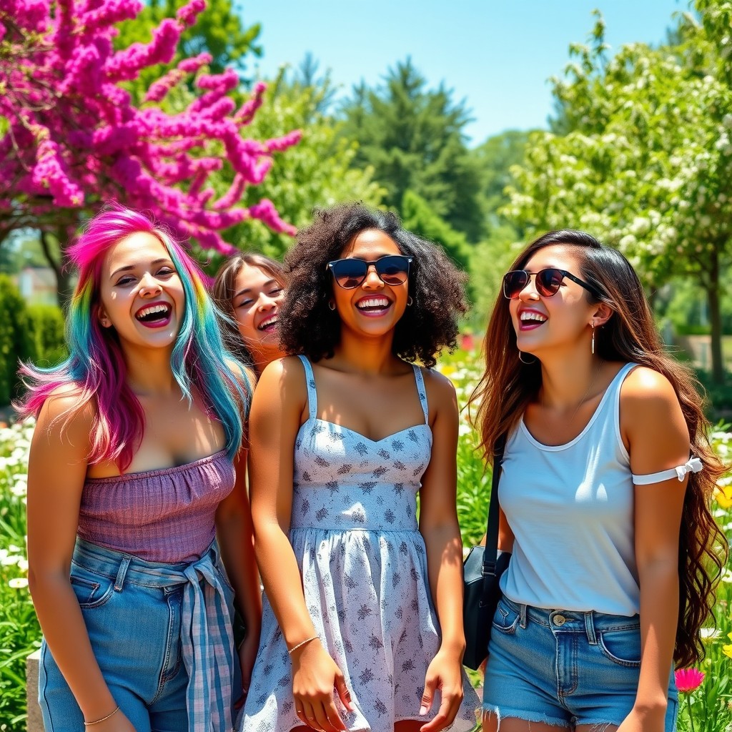 A dynamic and vibrant scene featuring a diverse group of girls laughing and having fun together, showcasing their unique styles and expressions