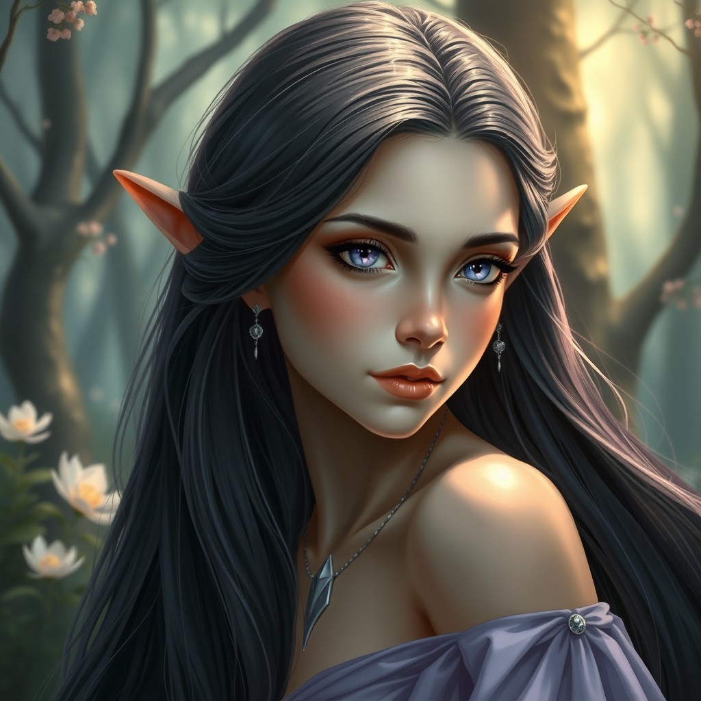 A detailed portrait of a beautiful elven girl with long, dark flowing hair cascading over her shoulders, her skin smooth and ethereal with a hint of luminescence
