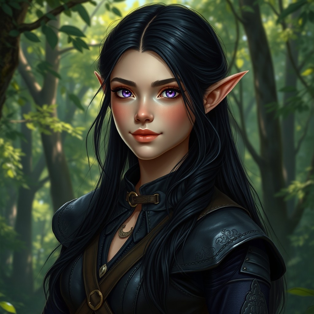 A detailed portrait of a beautiful elven girl with striking dark hair cascading down her shoulders and captivating violet eyes