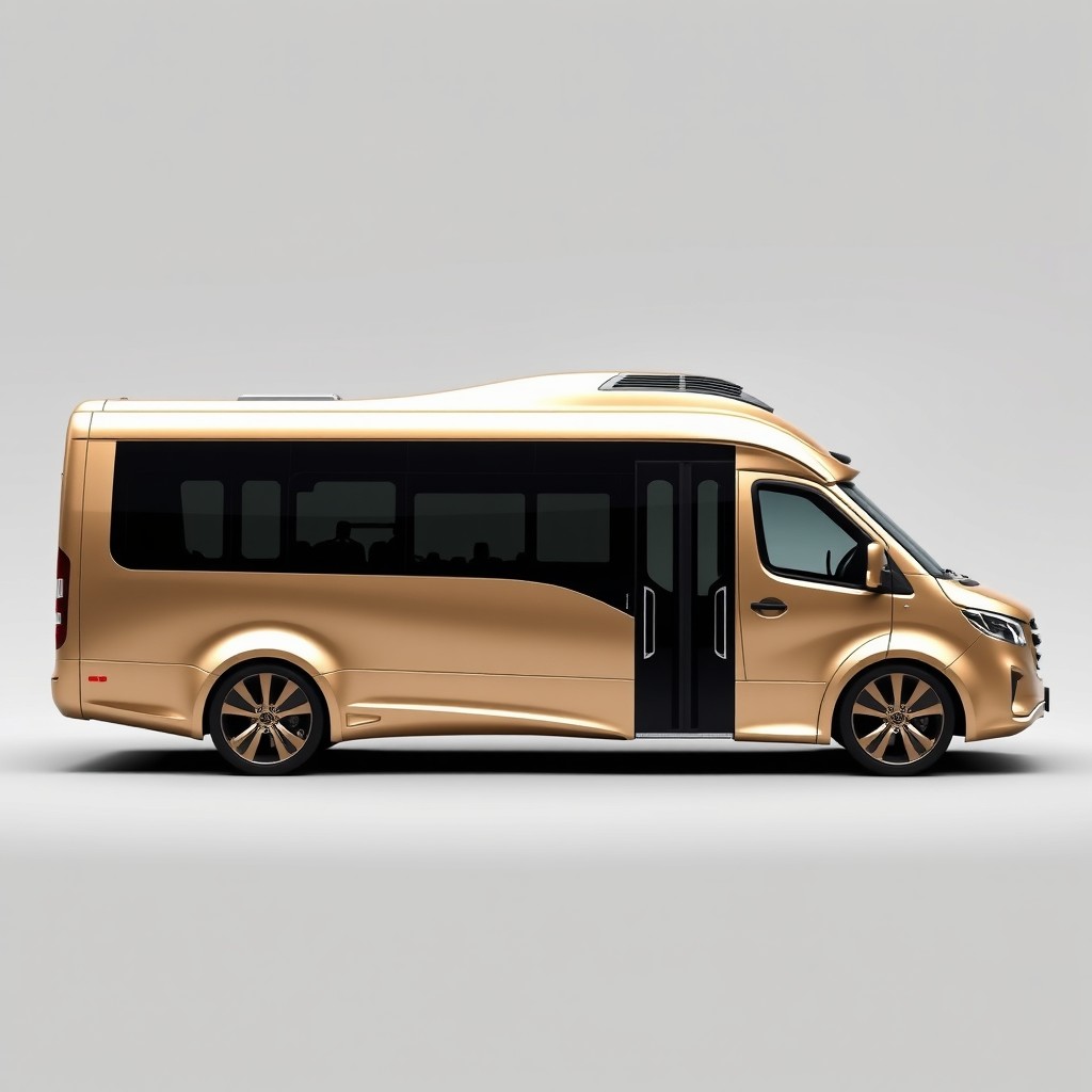 A futuristic commercial minibus featuring a sleek design with a luxurious champagne color