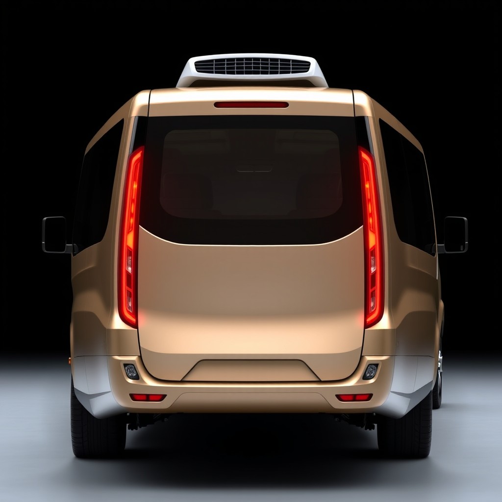 The rear view of a futuristic commercial minibus designed in a luxurious champagne color