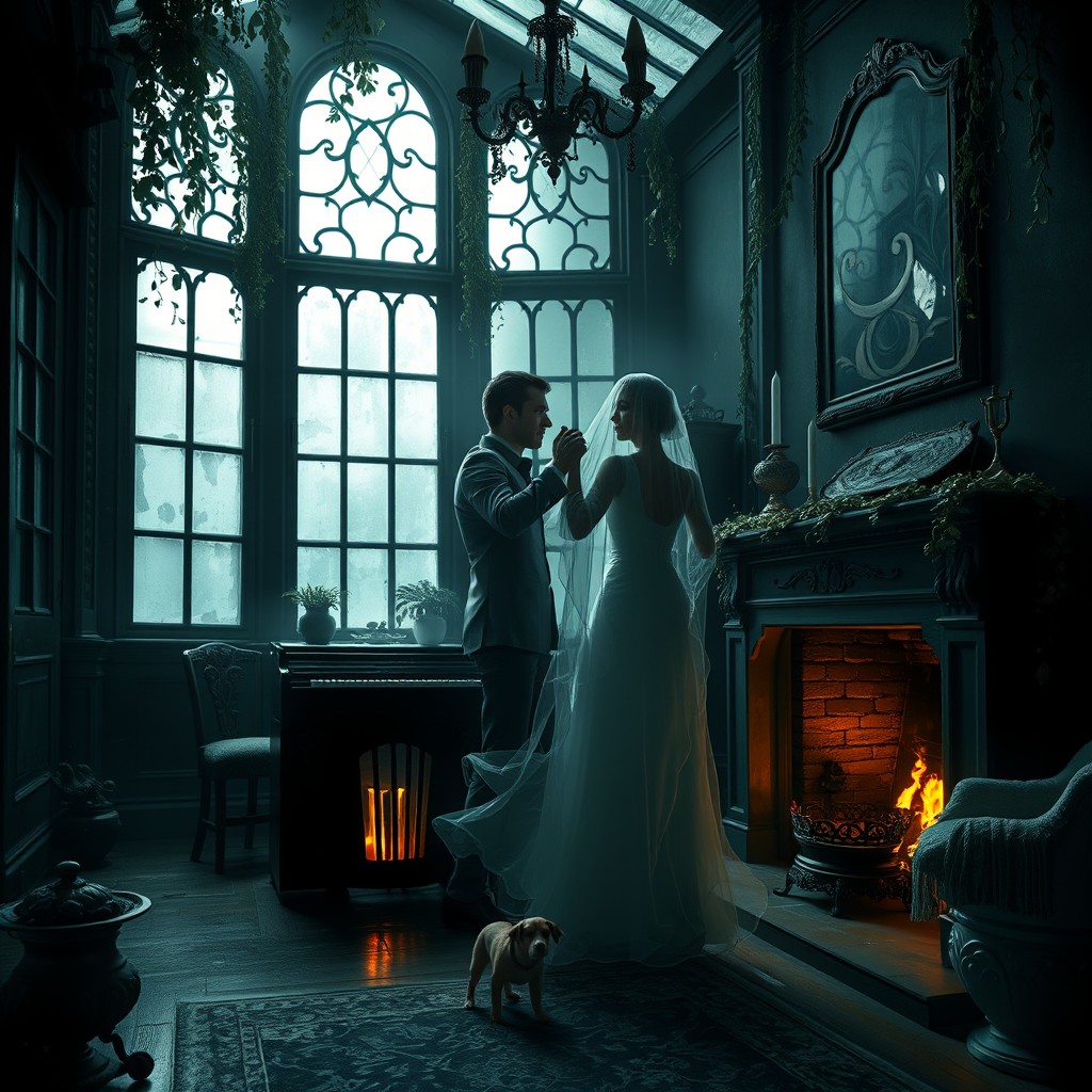 A eerie scene inside a dark, dreary manor featuring a conservatory