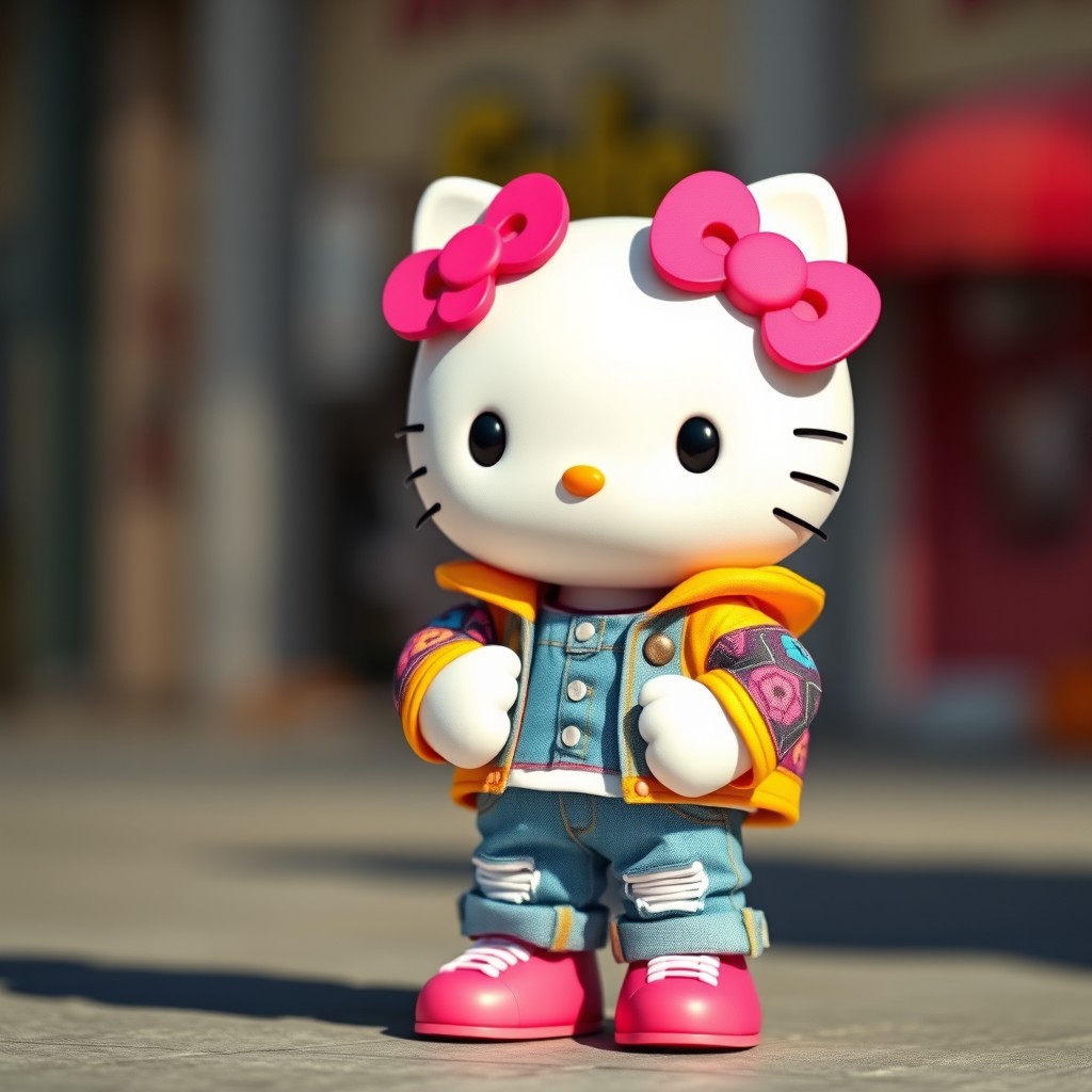 Hello Kitty standing proudly, dressed in stylish jeans and a colorful jacket