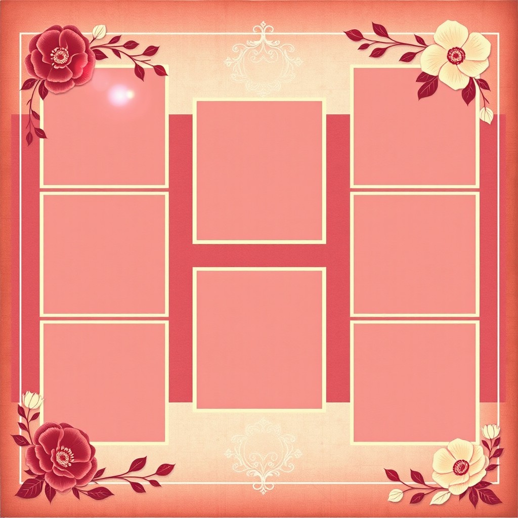 A beautifully designed school yearbook page with a wine and sepia color scheme, featuring eight placeholder photo slots arranged in a grid