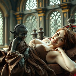 In an ancient medieval castle, a stunning scene unfolds on a grand bed