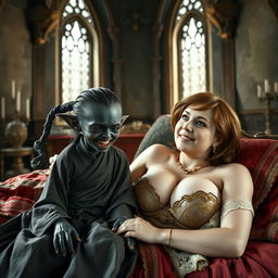 In an ancient medieval castle, a stunning scene unfolds on a grand bed