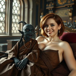 In an ancient medieval castle, a stunning scene unfolds on a grand bed