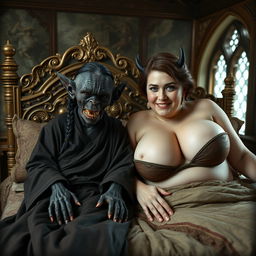 In a medieval castle bedroom, two figures lie on an ornate bed