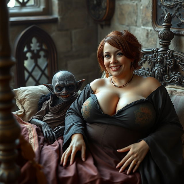 In a medieval castle bedroom, two figures lie on an ornate bed