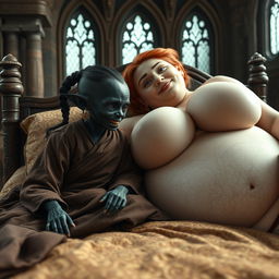 On a grand bed in an ancient medieval castle, a captivating scene unfolds