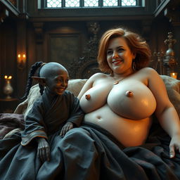 On a grand bed in an ancient medieval castle, a captivating scene unfolds