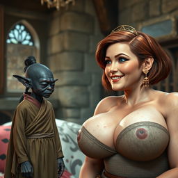 A medieval castle bedroom scene featuring a tiny female goblin with very dark black skin, a malnourished body, and an extremely small face