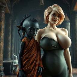 A scene inside an ancient medieval temple featuring a tiny female goblin with very dark black skin, a malnourished body, and an extremely small face