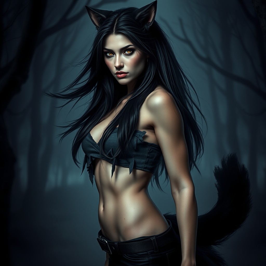 A beautiful female human-wolf hybrid with dark Nordic features set in a haunting, eerie atmosphere