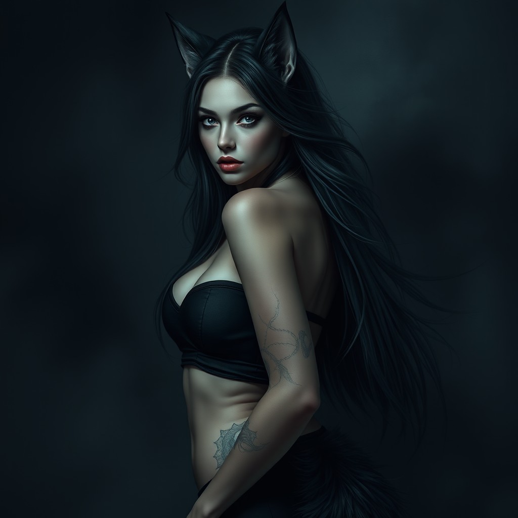 A beautiful female human-wolf hybrid, characterized by dark, Nordic features