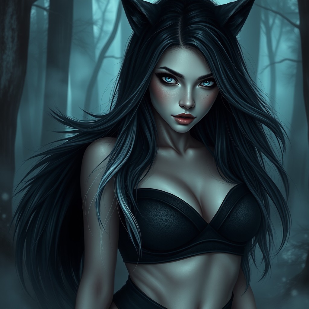 A stunning female human-wolf hybrid with a dark, Nordic aesthetic