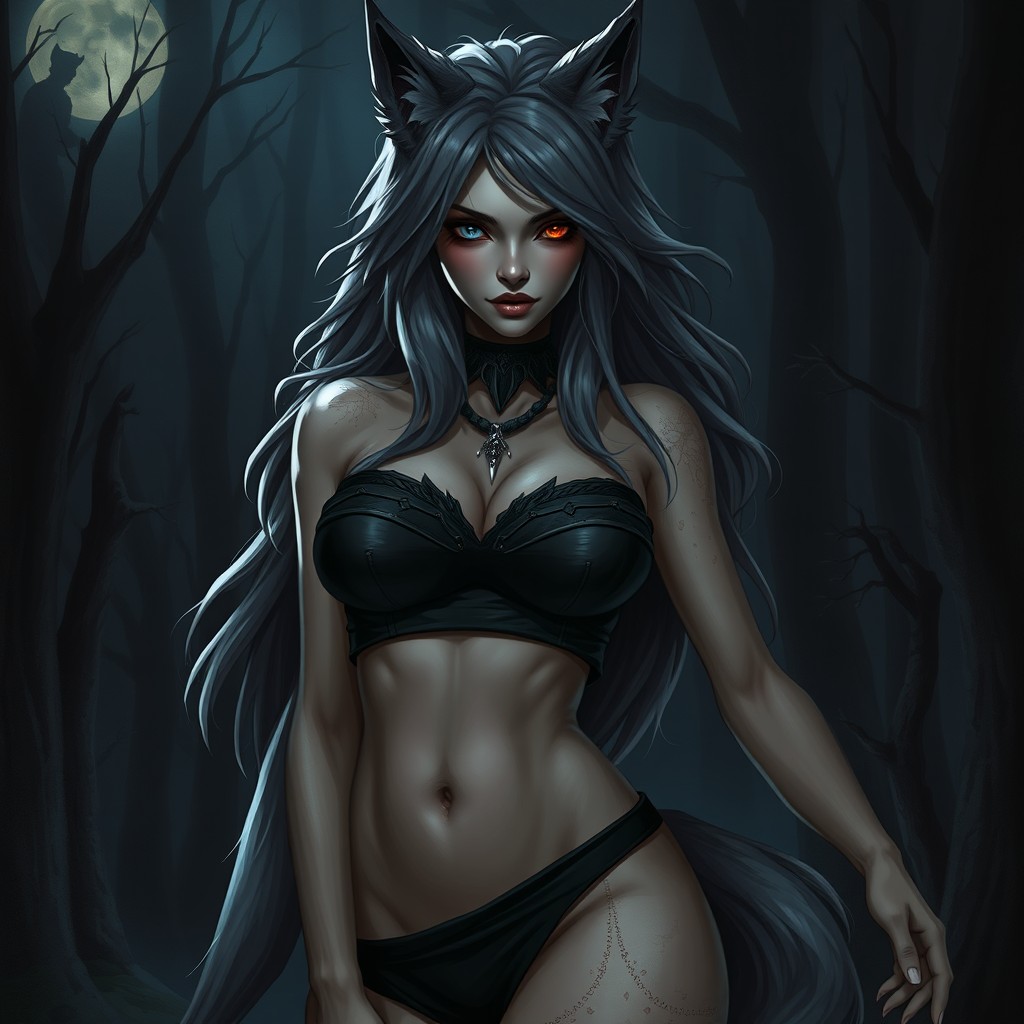 A dark and beautiful female human-wolf hybrid inspired by Nordic folklore, featuring striking wolf features blended with human characteristics