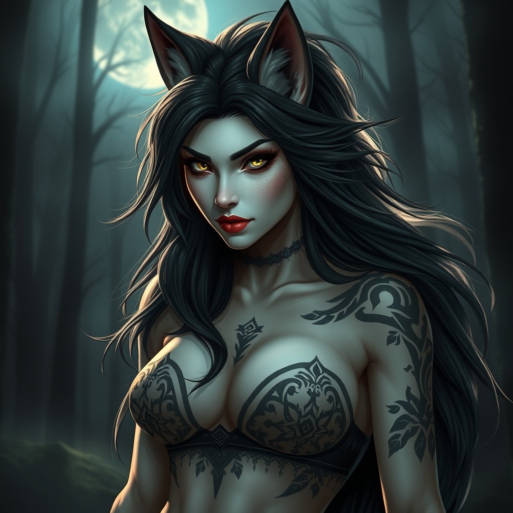 A strikingly beautiful female wolf-human hybrid with dark, Nordic features, exuding an eerie horror vibe